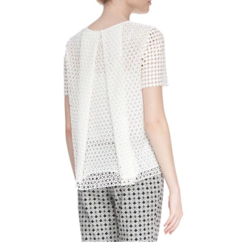 Tory Burch Crescent Guipure Lace Pleated Back Short Sleeve Top Off White 4